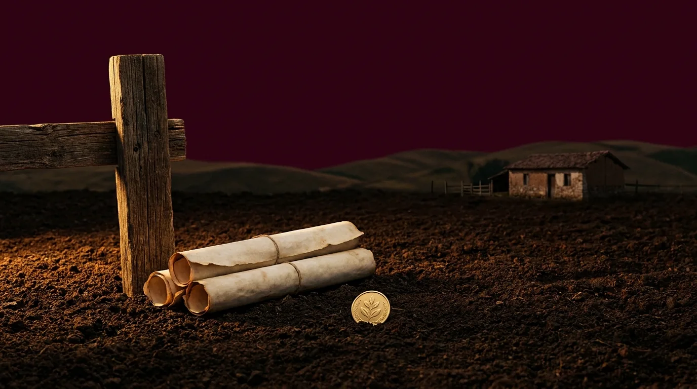 Capa editorial conceitual sobre penhora da pequena propriedade rural: requisitos da impenhorabilidade, em tons bordô e creme
