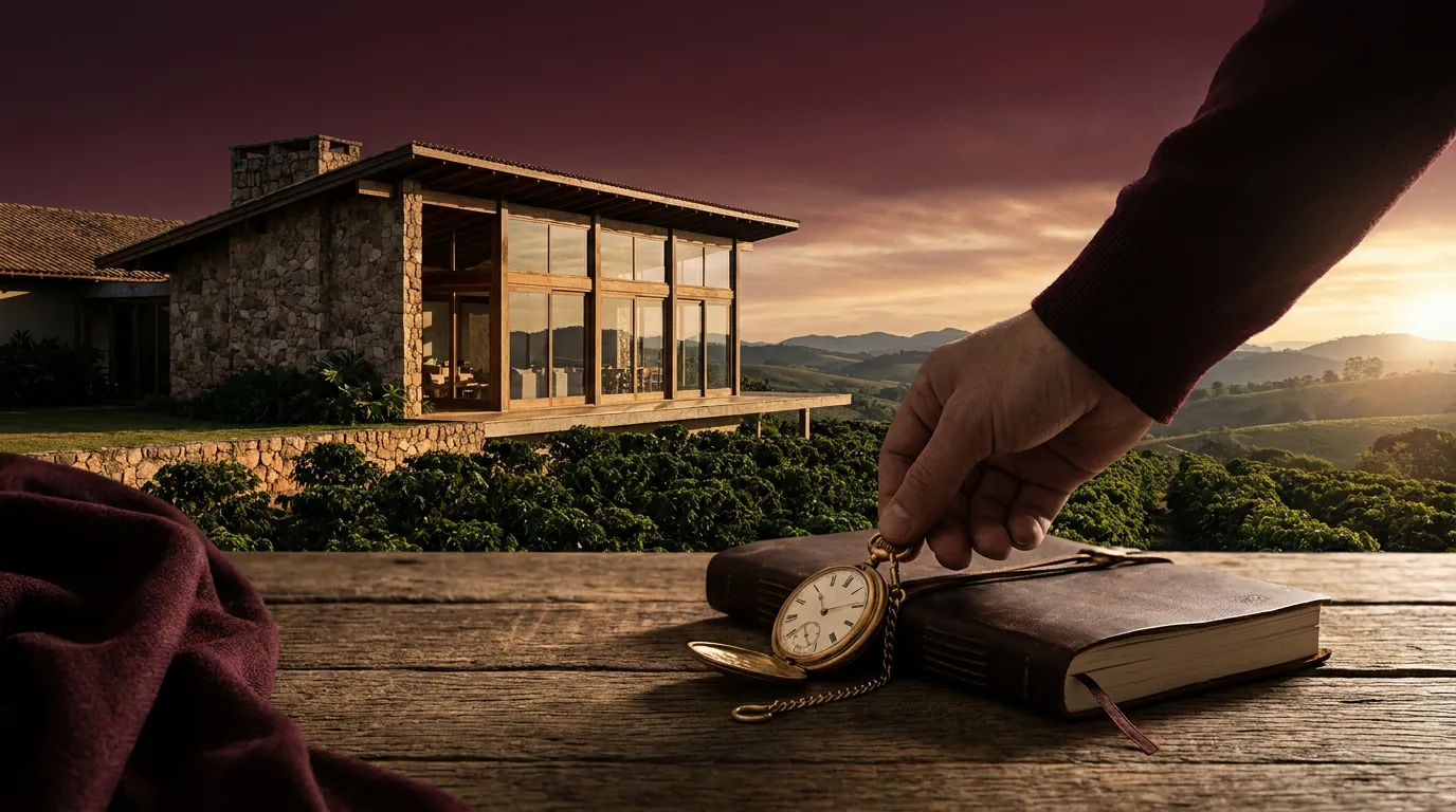Paisagem rural dividida em camadas geométricas ao amanhecer