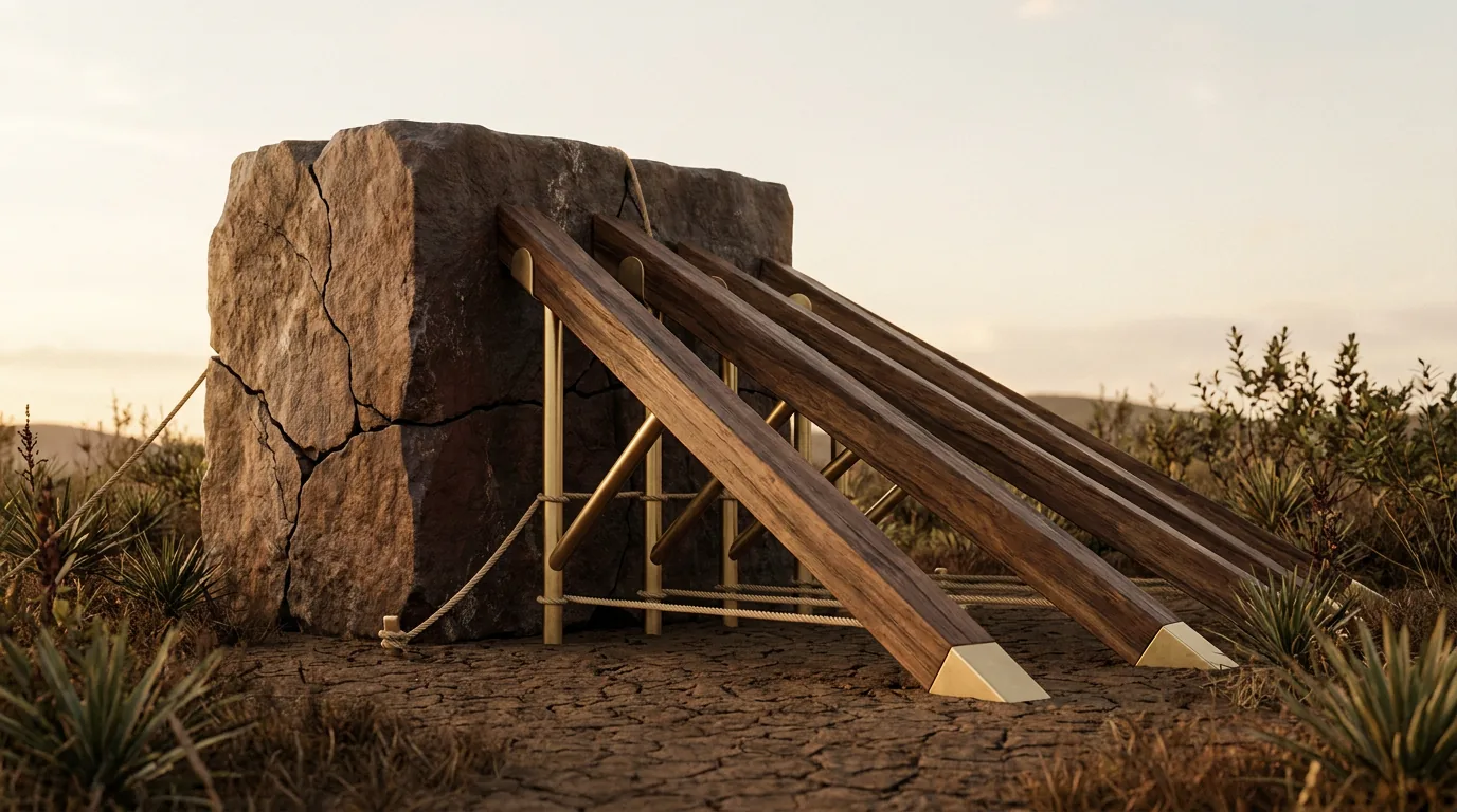 Estrutura arquitetônica em reconstrução iluminada ao amanhecer